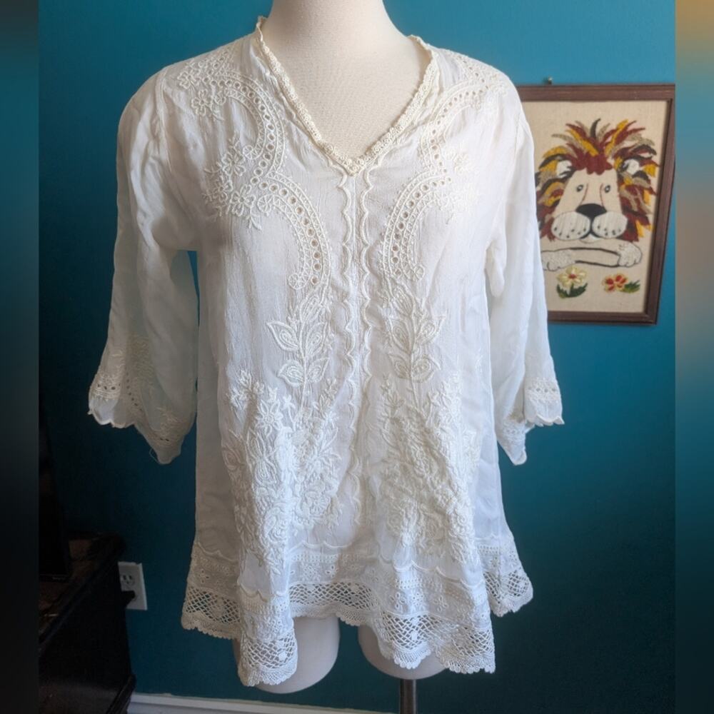 Johnny Was White Embroidered Boho Blouse Tunic Lace Trim 3/4 Sleeve